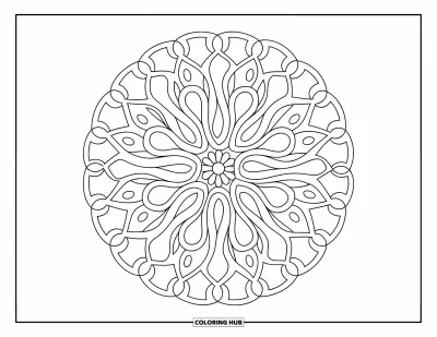 Geometric Mandala Coloring Page for Kids: Fractal triangles and curves create a bold mandala with a flowing, modern twist