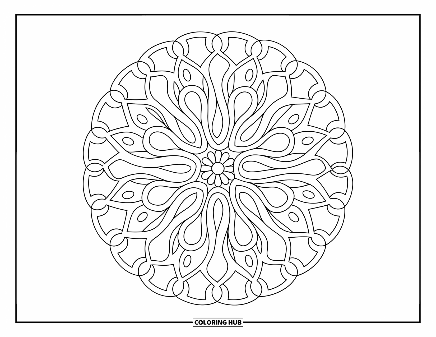 Geometric Mandala Coloring Page for Kids: Fractal triangles and curves create a bold mandala with a flowing, modern twist