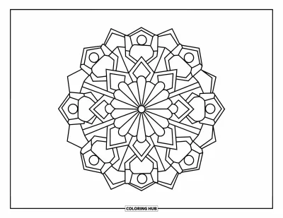 Geometric Mandala Coloring Page for Kids: Hexagons, diamonds, and circles repeat in a playful radial mandala