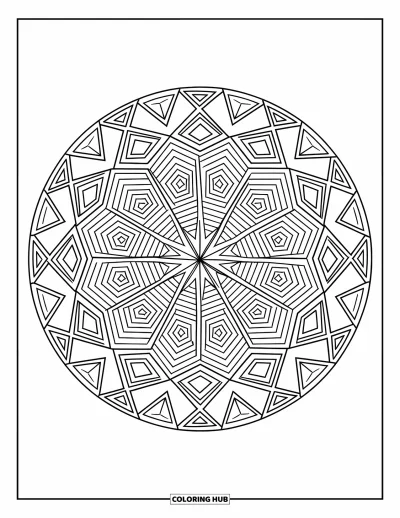 Geometric Mandala Coloring Page for Kids: Interlocking shapes and sharp cuts form a bold, geometric mandala