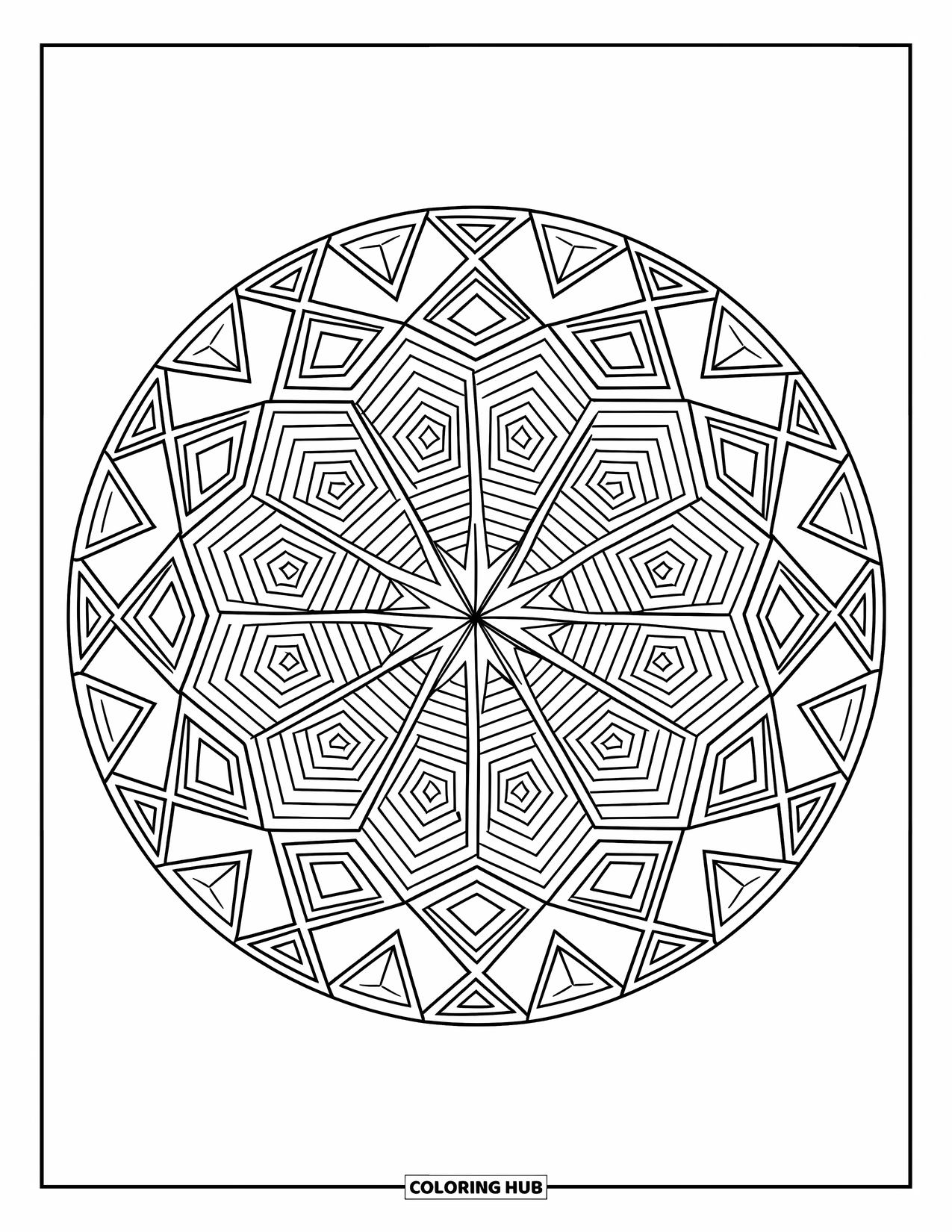 Geometric Mandala Coloring Page for Kids: Interlocking shapes and sharp cuts form a bold, geometric mandala