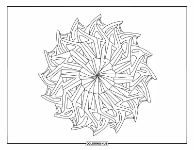 Geometric Mandala Coloring Page for Kids: Interlocking triangle patterns form a sharp, dynamic mandala with curved intersections