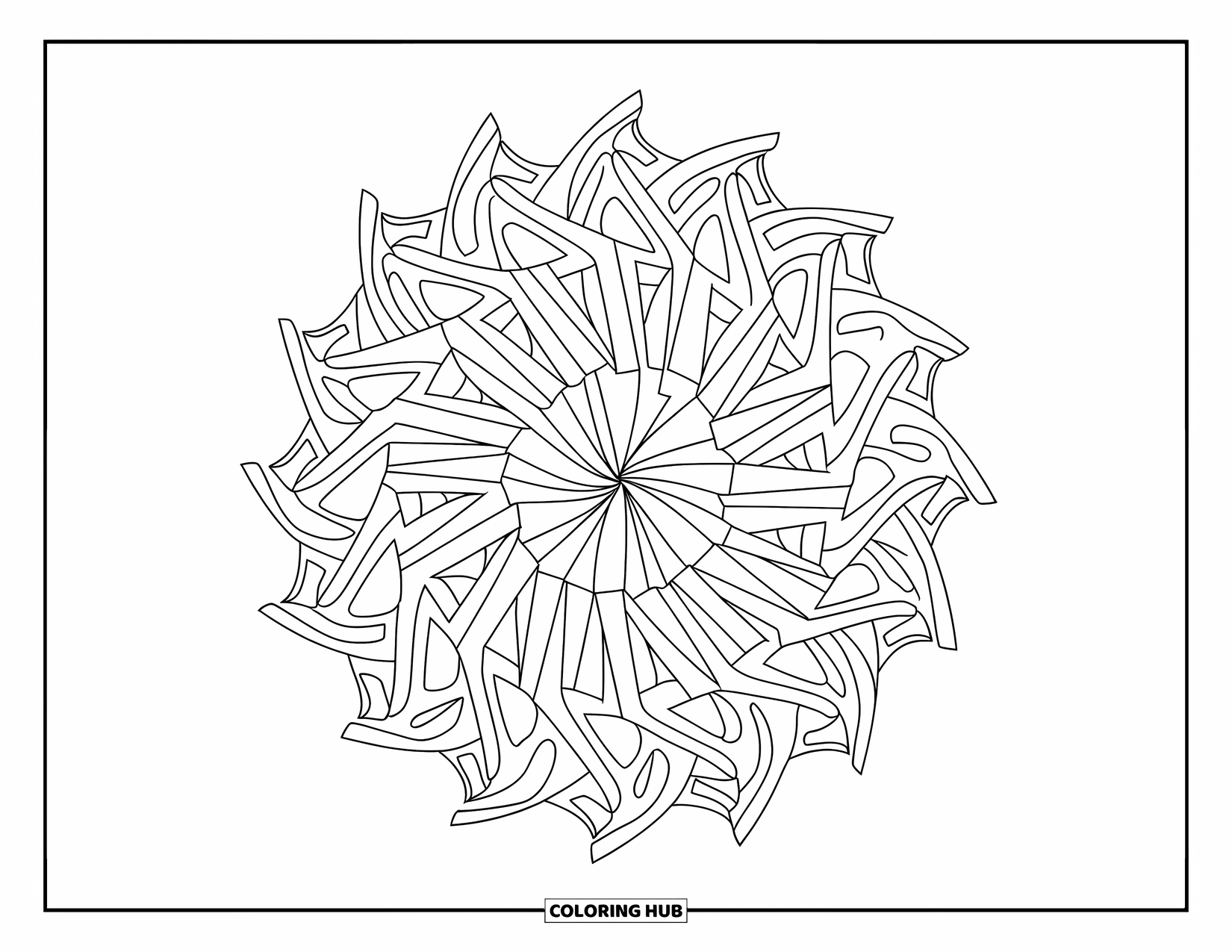 Geometric Mandala Coloring Page for Kids: Interlocking triangle patterns form a sharp, dynamic mandala with curved intersections