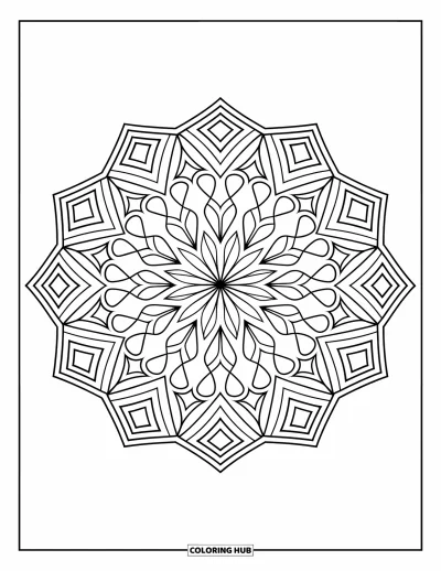Geometric Mandala Coloring Page for Kids: Layered diamonds and arrows swirl through a crisp circular mandala