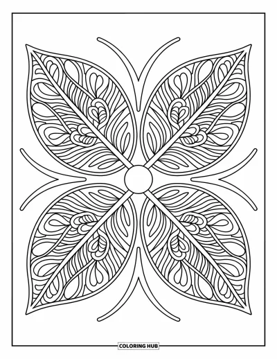 Geometric Mandala Coloring Page for Kids: Mirrored leaf shapes build a nature-themed mandala full of balance