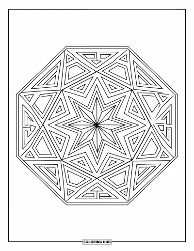 Geometric Mandala Coloring Page for Kids: Nested triangles and star shapes create a hexagon mandala with bold symmetry