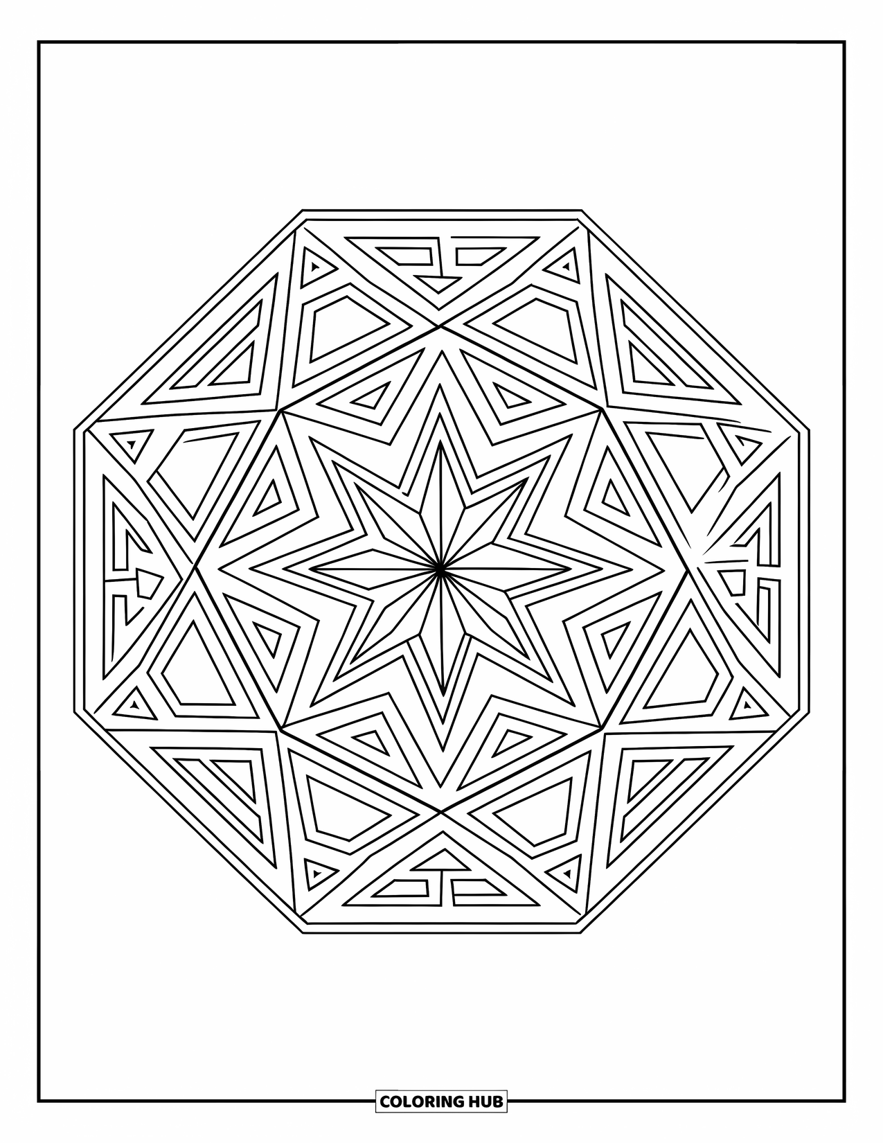 Geometric Mandala Coloring Page for Kids: Nested triangles and star shapes create a hexagon mandala with bold symmetry