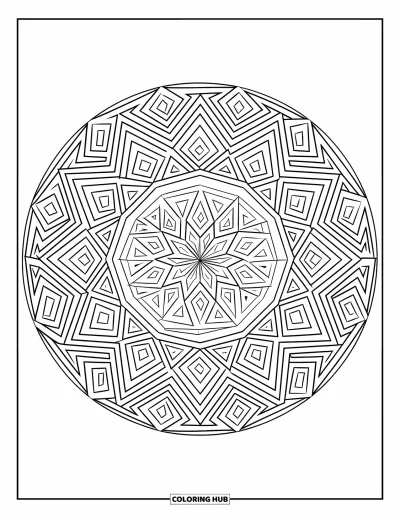 Geometric Mandala Coloring Page for Kids: Polygons and diagonal cuts create a layered mandala full of movement
