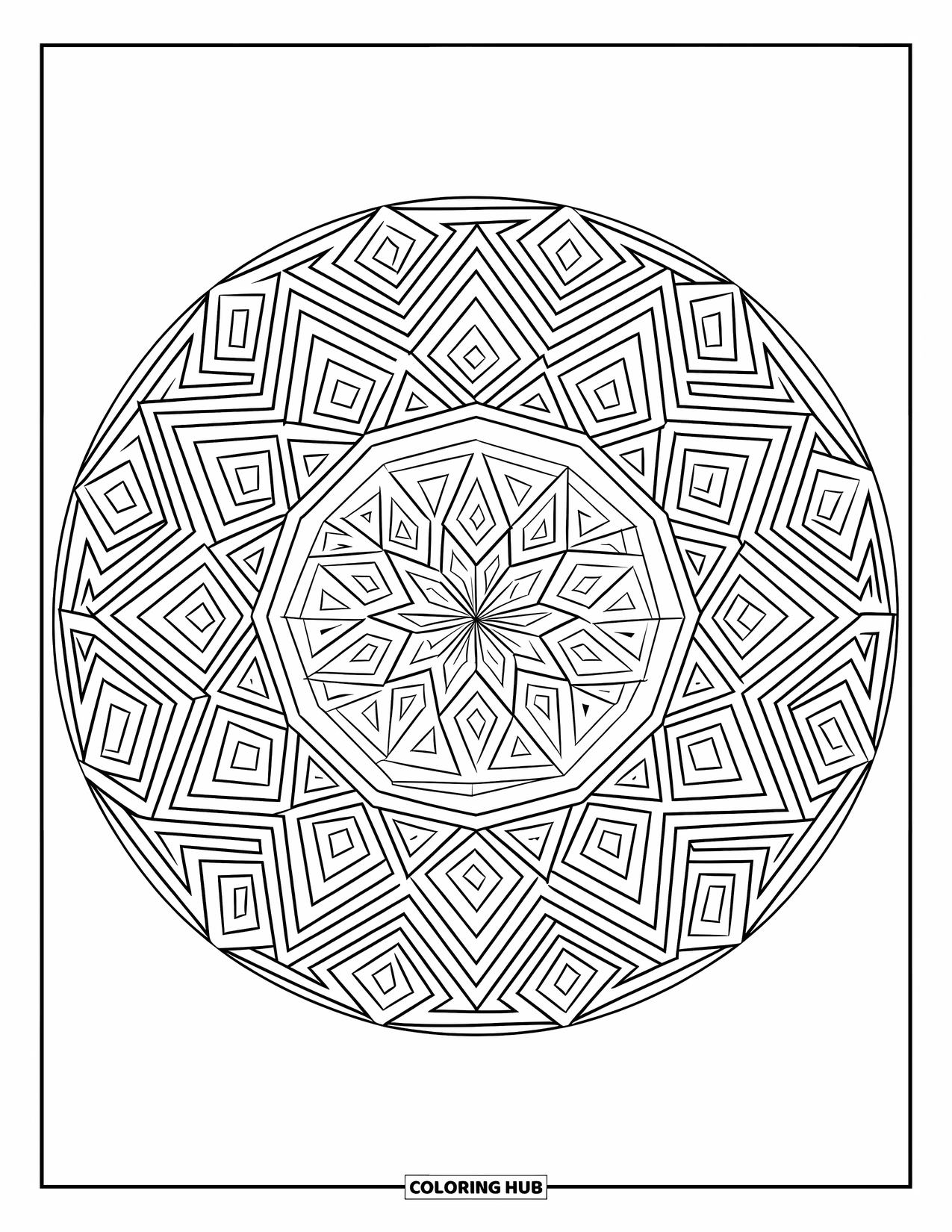 Geometric Mandala Coloring Page for Kids: Polygons and diagonal cuts create a layered mandala full of movement