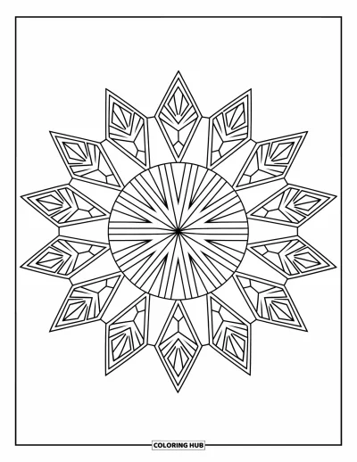 Geometric Mandala Coloring Page for Kids: Sharp wings and shard shapes explode from a center point in this bold mandala