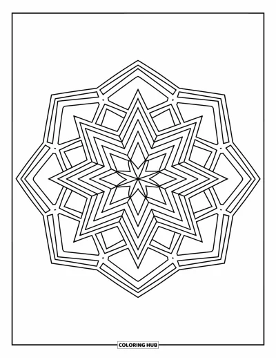 Geometric Mandala Coloring Page for Kids: Stars and triangles echo through a bold hexagon mandala