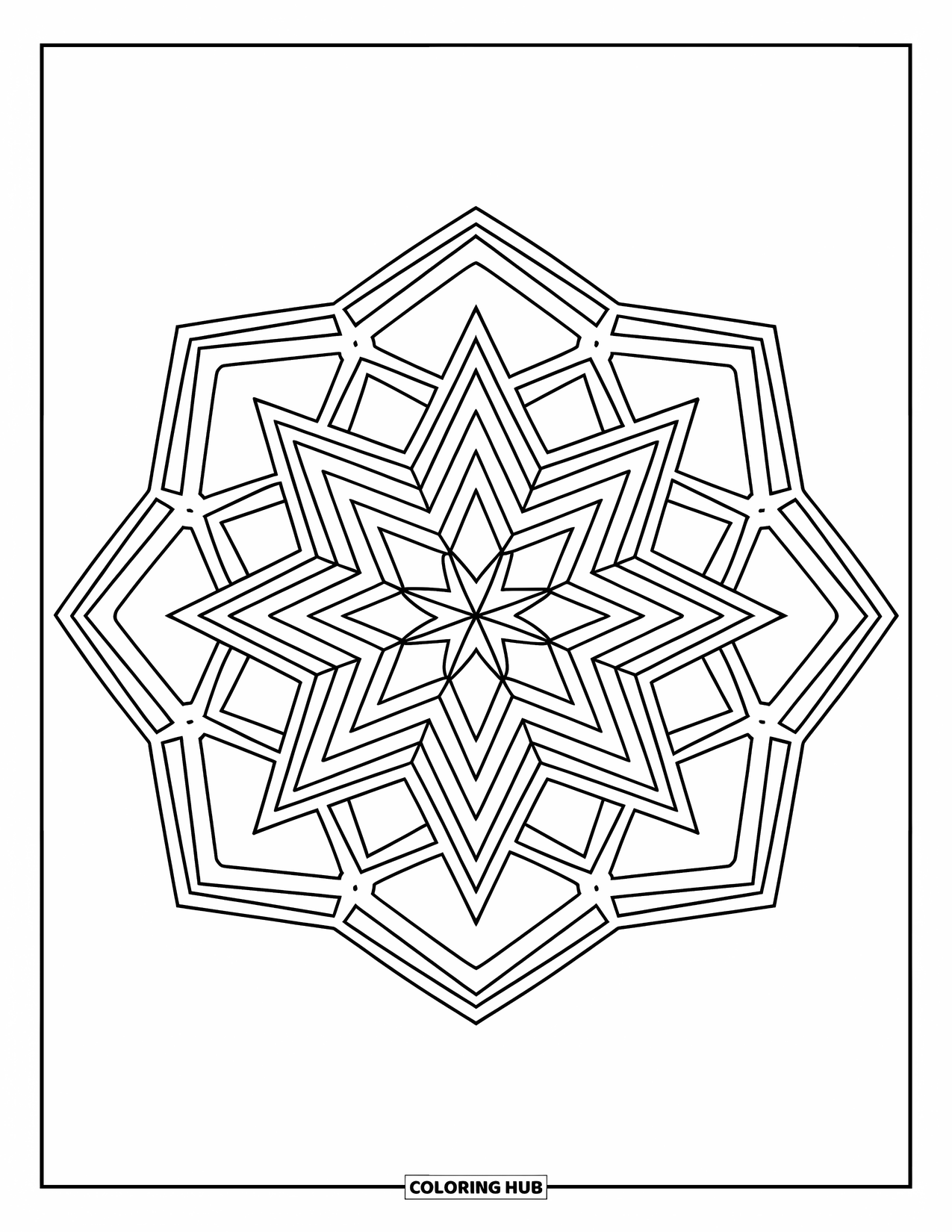 Geometric Mandala Coloring Page for Kids: Stars and triangles echo through a bold hexagon mandala
