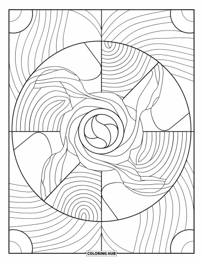 Geometric Mandala Coloring Page for Kids: Swirls and waves flow through geometric shapes in this creative mandala