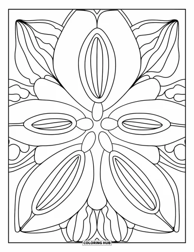 Geometric Mandala Coloring Page for Kids: Symmetrical petals hold circles and triangles in this bold flower mandala