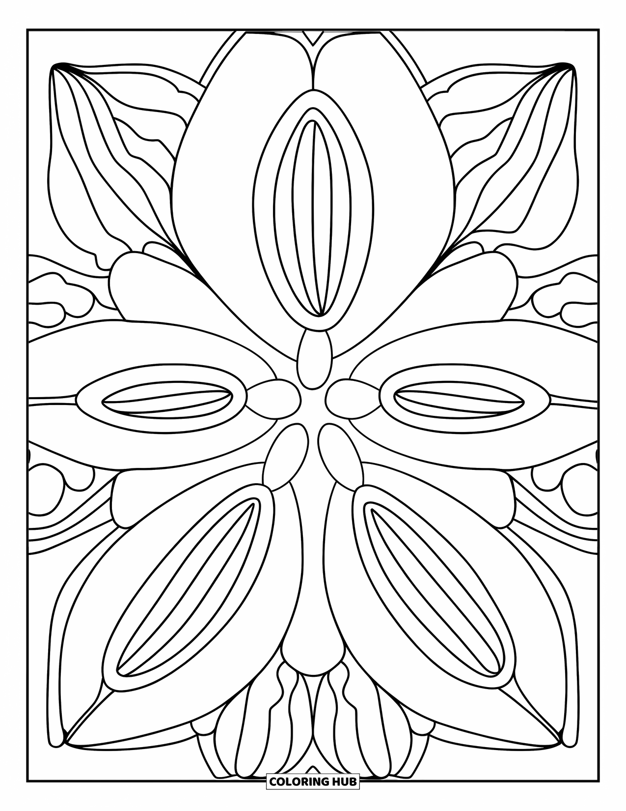 Geometric Mandala Coloring Page for Kids: Symmetrical petals hold circles and triangles in this bold flower mandala