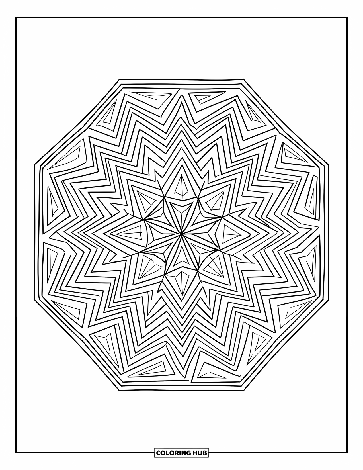 Geometric Mandala Coloring Page for Kids: This mandala builds from a center hexagon with layered stars and triangles