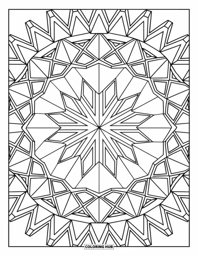 Geometric Mandala Coloring Page for Kids: Tiny triangles form a complex mandala with a sharp, symmetrical flow