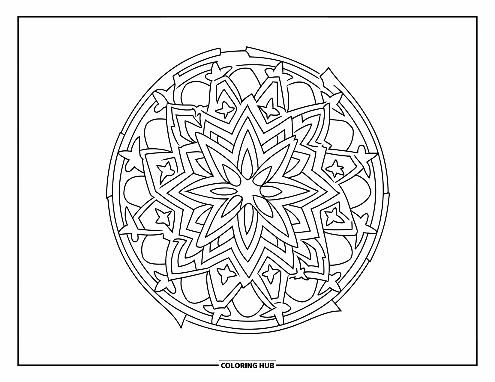Geometric Mandala Coloring Page for Kids: Triangles and stars connect in this tiled mandala design