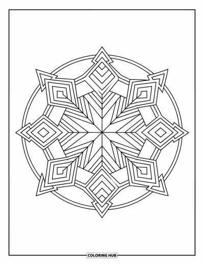 Geometric Mandala Coloring Page for Kids: Zigzags and chevrons mirror each other in this edgy mandala design