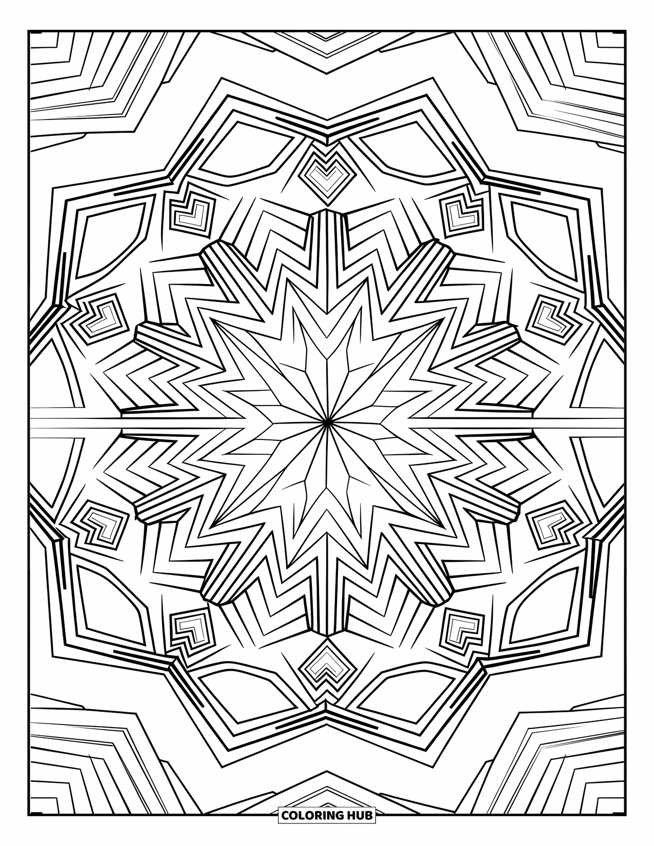 Geometric Mandala Coloring Page for Kids: Zigzags and crosshatch shapes make this mandala sharp, edgy, and engaging