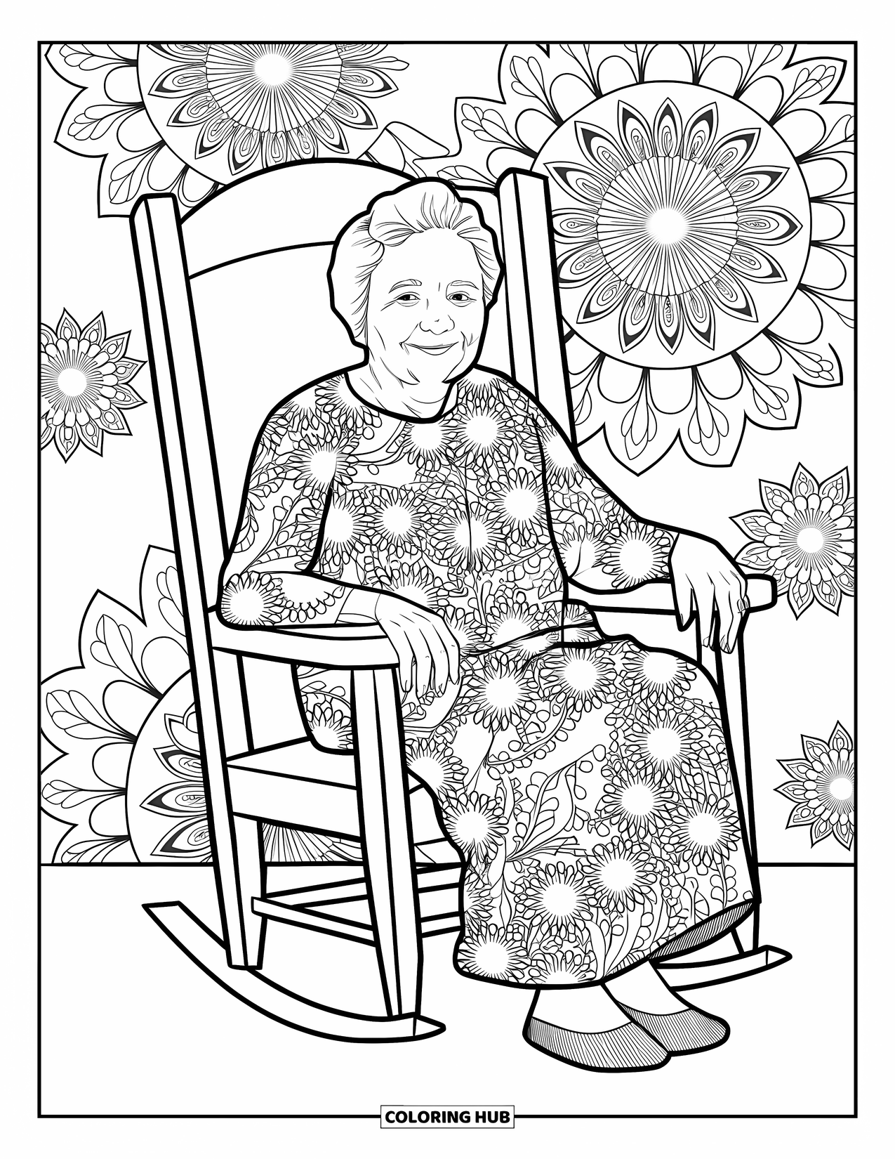 Grandma Coloring Page for Adults: A floral mandala surrounds Grandma as she relaxes in her rocking chair