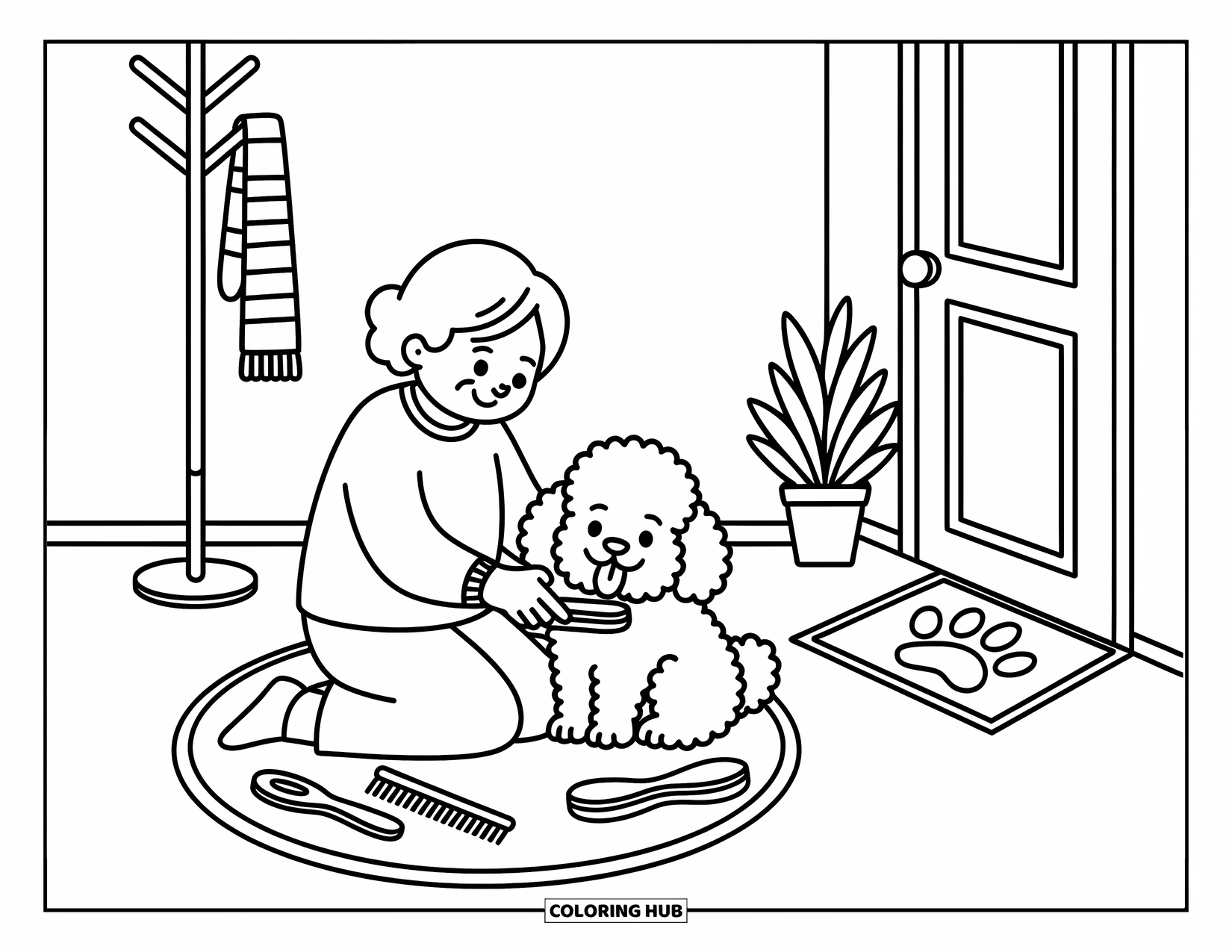 Grandma Coloring Page for Adults: A fluffy dog enjoys brush time with Grandma in a peaceful indoor corner