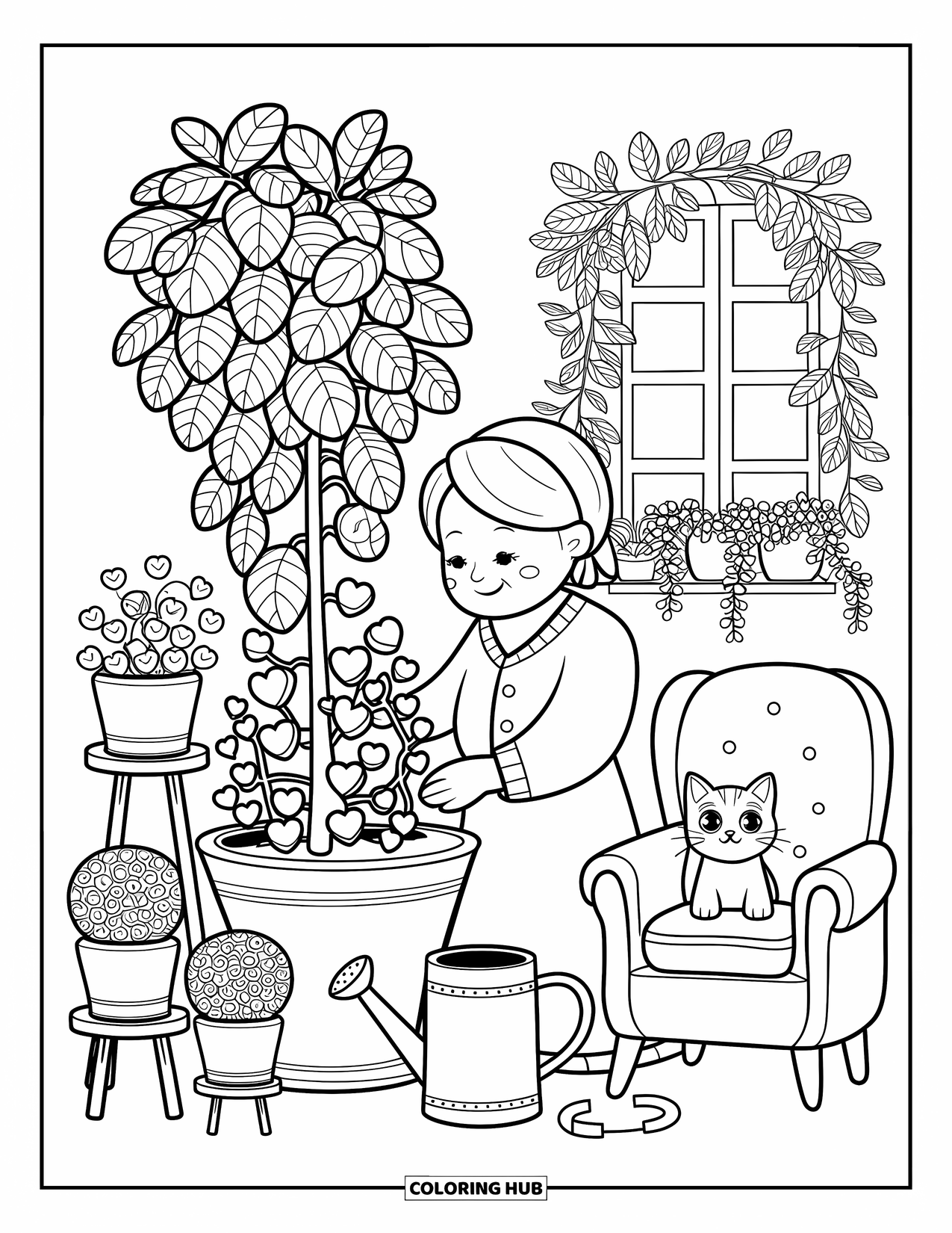 Grandma Coloring Page for Adults: A playful kitten hides among the leaves as Grandma waters her plants