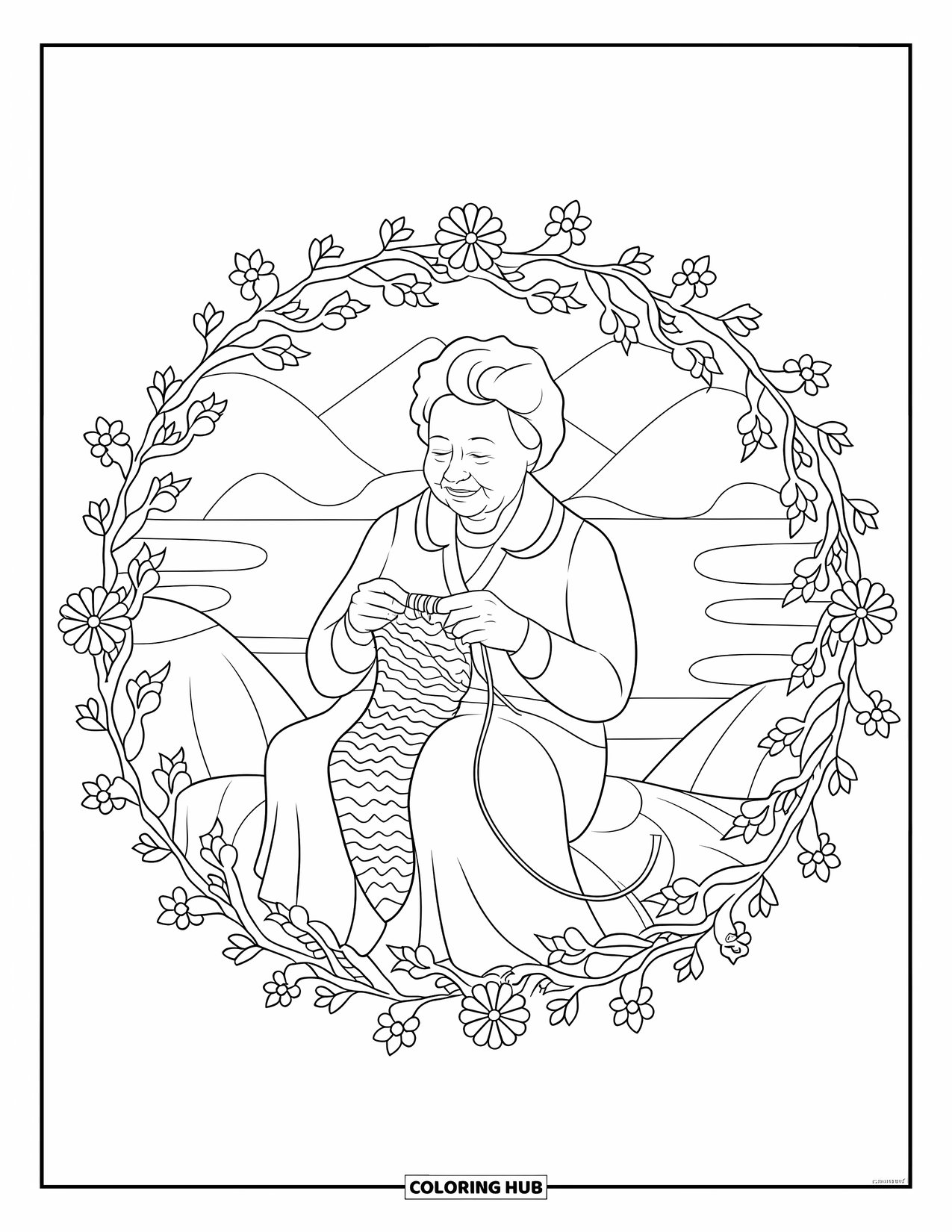 Grandma Coloring Page for Adults: A quiet knitting moment as Grandma sits inside a circle of vines and blooms