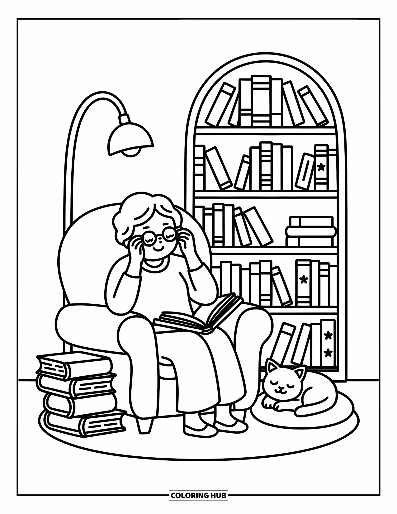 Grandma Coloring Page for Adults: Grandma enjoys a book as her cat naps and a lamp lights the room