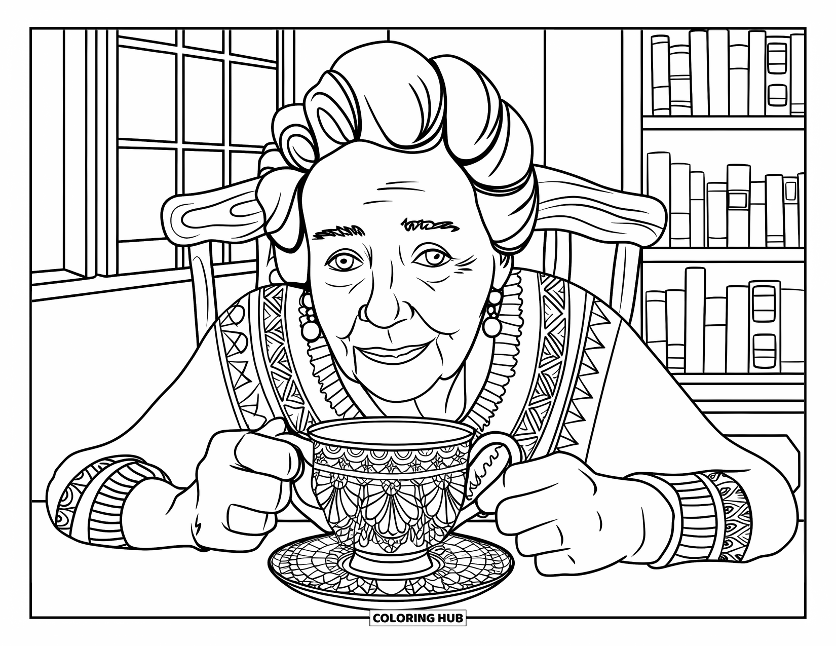 Grandma Coloring Page for Adults: Grandma enjoys tea in a comfy room filled with books, light, and patterns