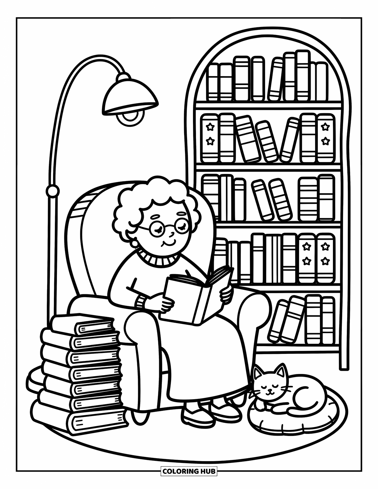 Grandma Coloring Page for Adults: Grandma reads peacefully in her chair as a cat naps nearby