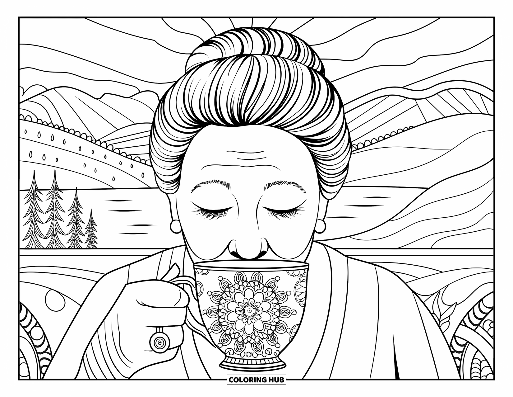 Grandma Coloring Page for Adults: Grandma sips tea from a patterned cup with a mountain view behind her