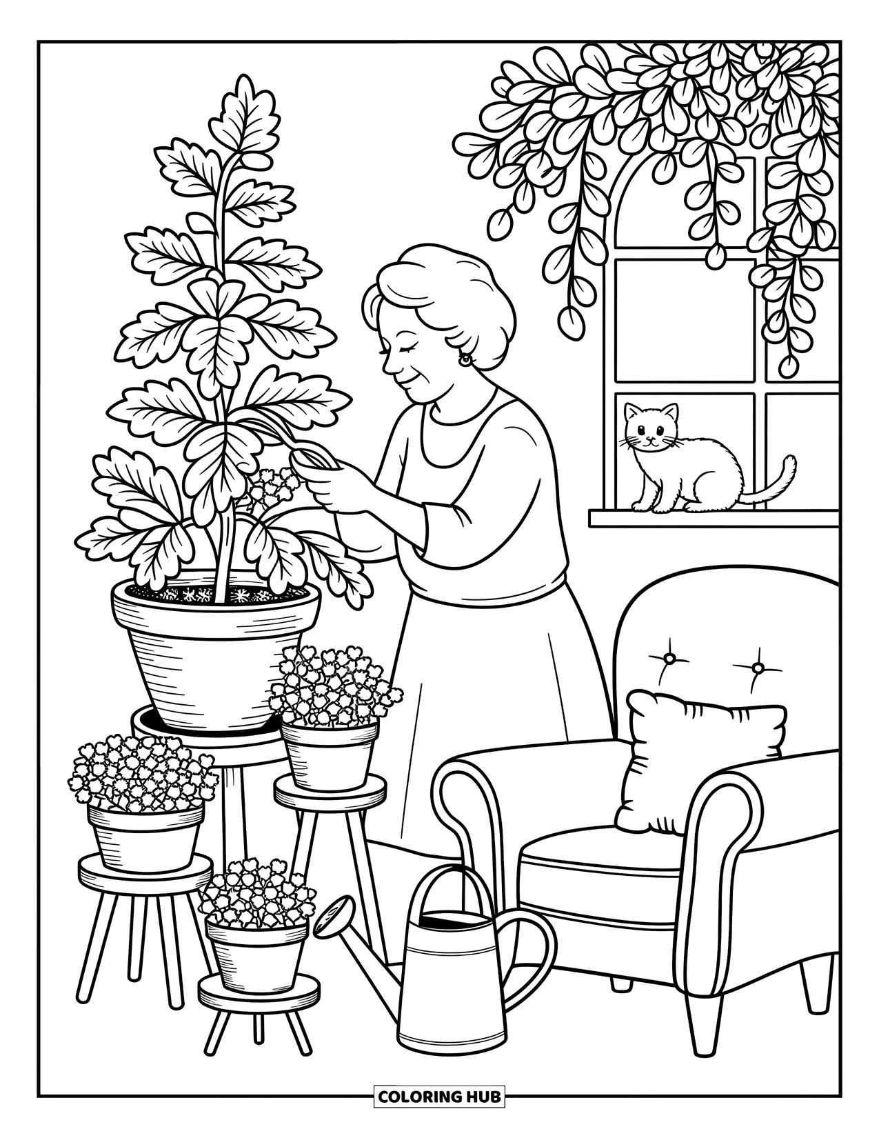 Grandma Coloring Page for Adults: Grandma tends tall houseplants while a curious kitten peeks from the windowsill
