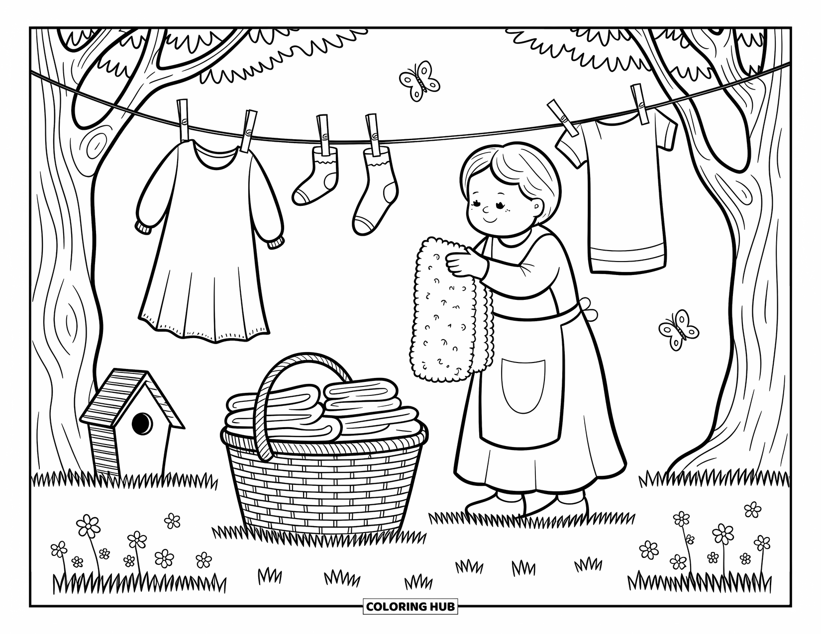 Grandma Coloring Page for Adults: Laundry day joy with Grandma, fluttering clothes, flowers, and a butterfly