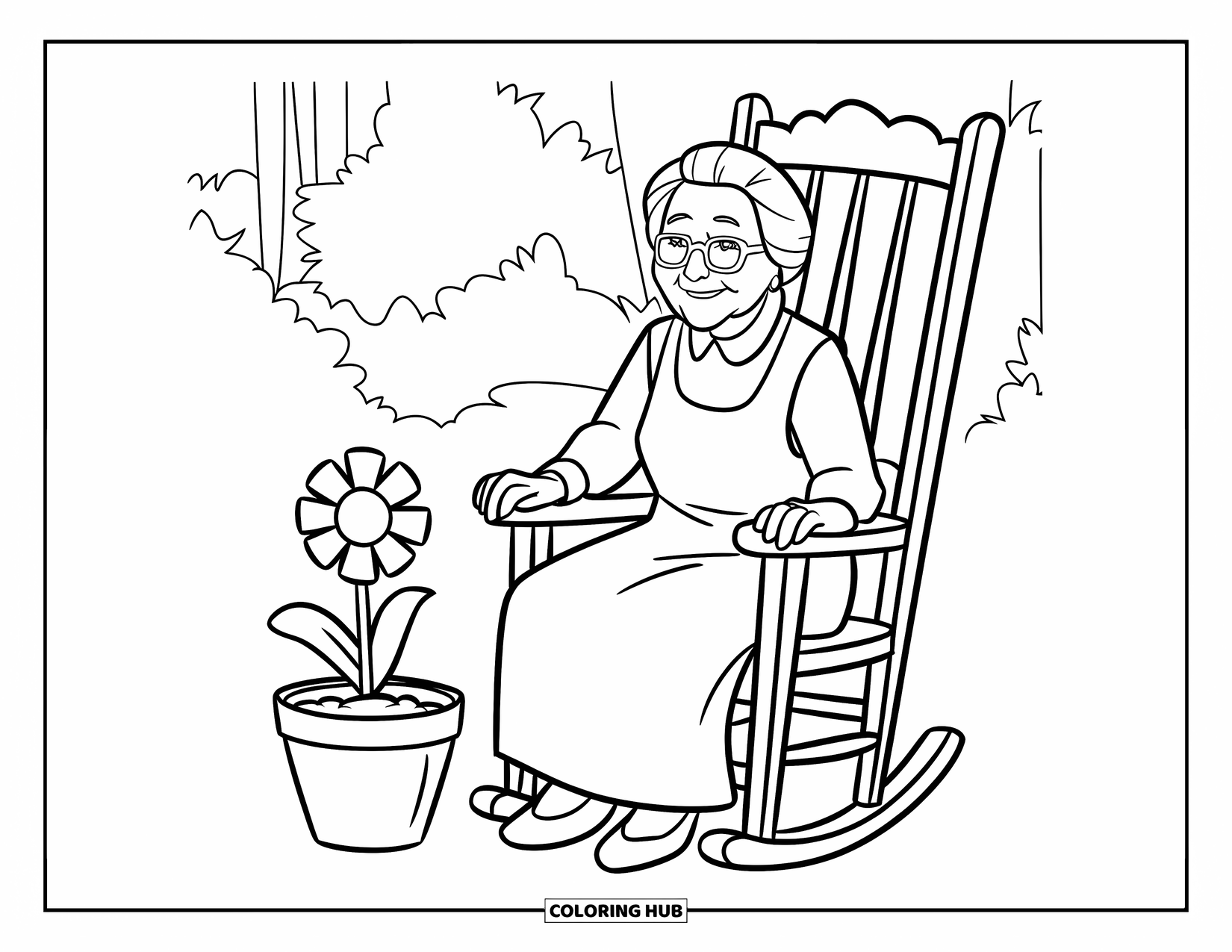 Grandma Coloring Page for Kids: A gentle breeze flows as Grandma rocks near a flower