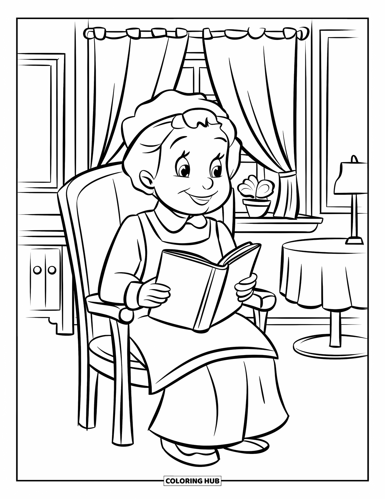 Grandma Coloring Page for Kids: A peaceful moment as Grandma enjoys a good book