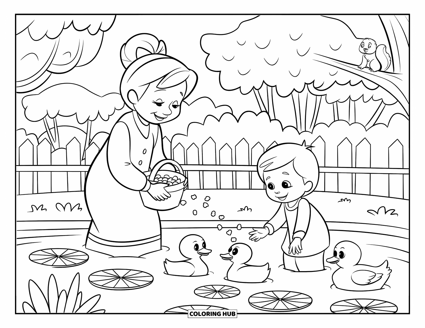 Grandma Coloring Page for Kids: A peaceful pond scene with Grandma, a child, and curious ducks