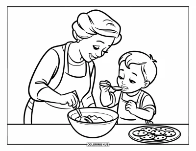 Desen de colorat cu bunica pentru copii: O tavă cu biscuiți și fețe fericite fac bucătăria un loc minunat