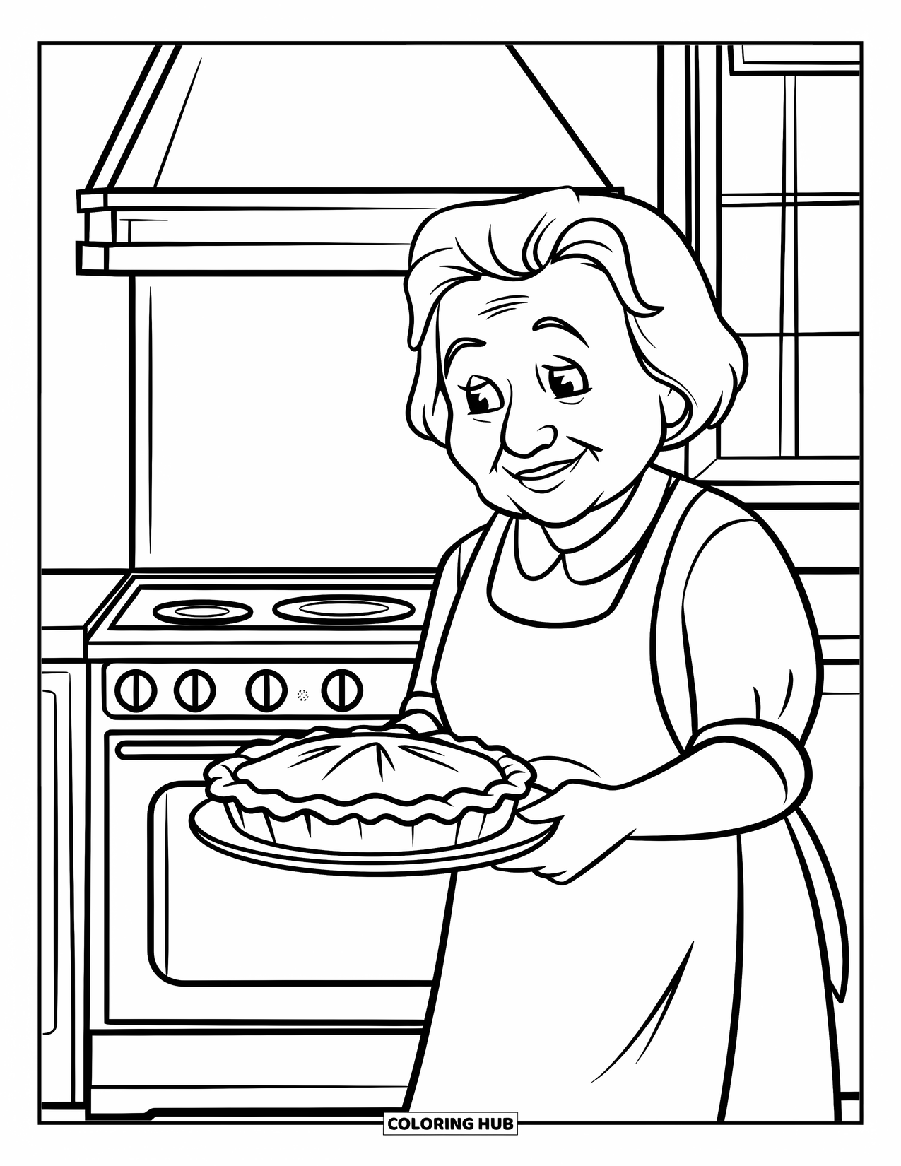 Grandma Coloring Page for Kids: Baking pie with love, Grandma stands near the warm stove
