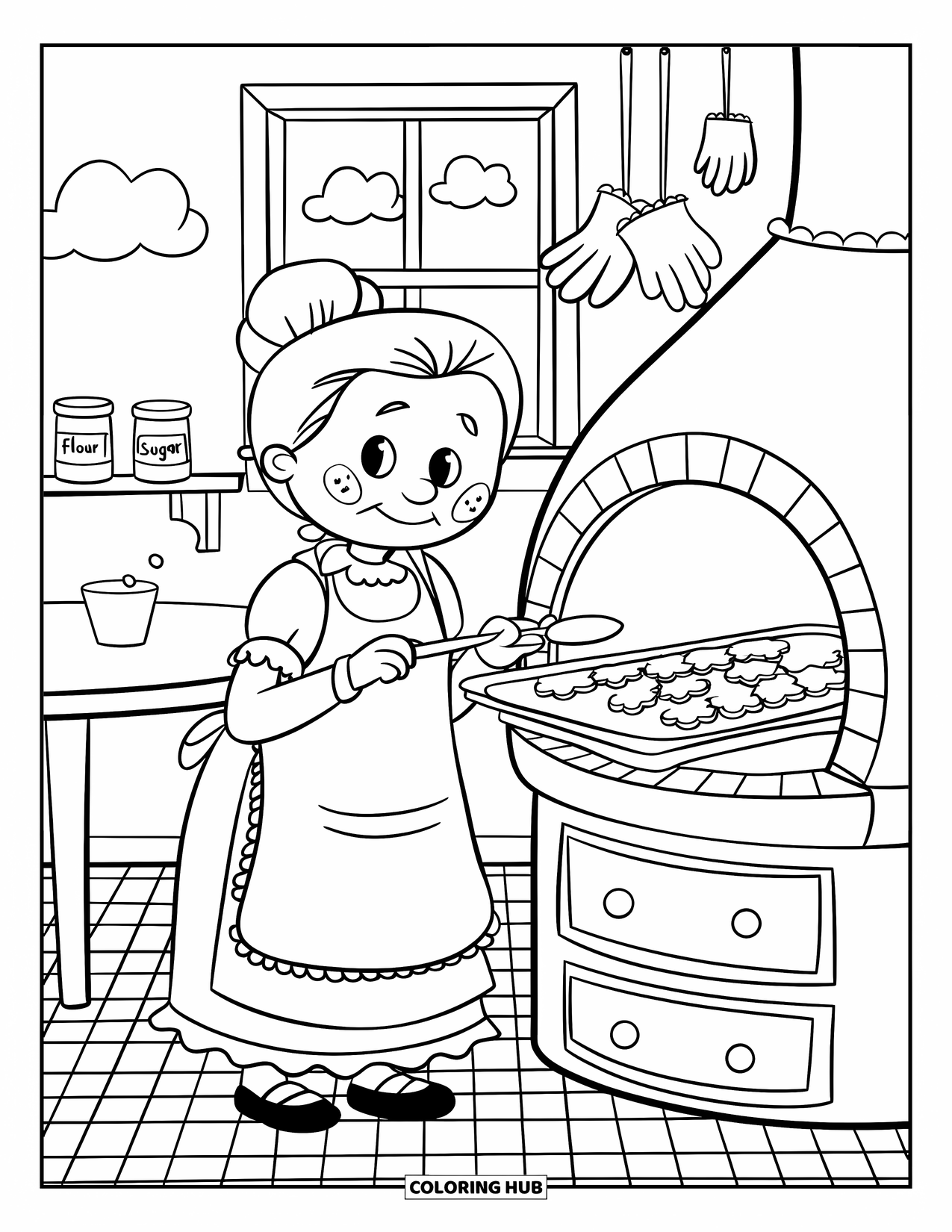 Grandma Coloring Page for Kids: Cookies, cozy ovens, and Grandma's warm smile brighten the kitchen