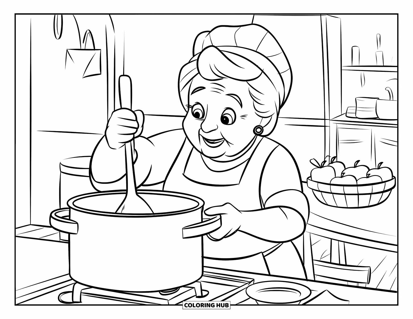 Grandma Coloring Page for Kids: Delicious smells and gentle hands as Grandma stirs the pot