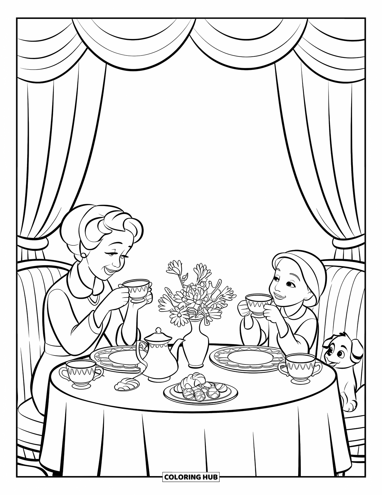 Grandma Coloring Page for Kids: Grandma and child sip tea with a puppy under the table