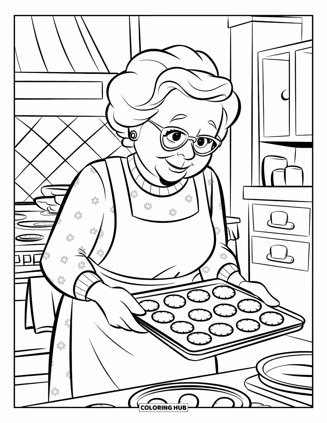 Grandma Coloring Page for Kids: Grandma bakes cookies with care and a sweet smile