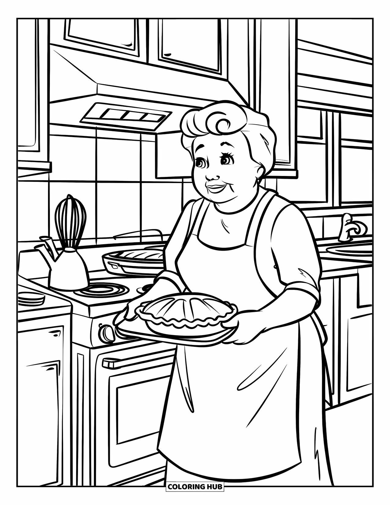 Grandma Coloring Page for Kids: Grandma holds a tray of pie in a warm, busy kitchen