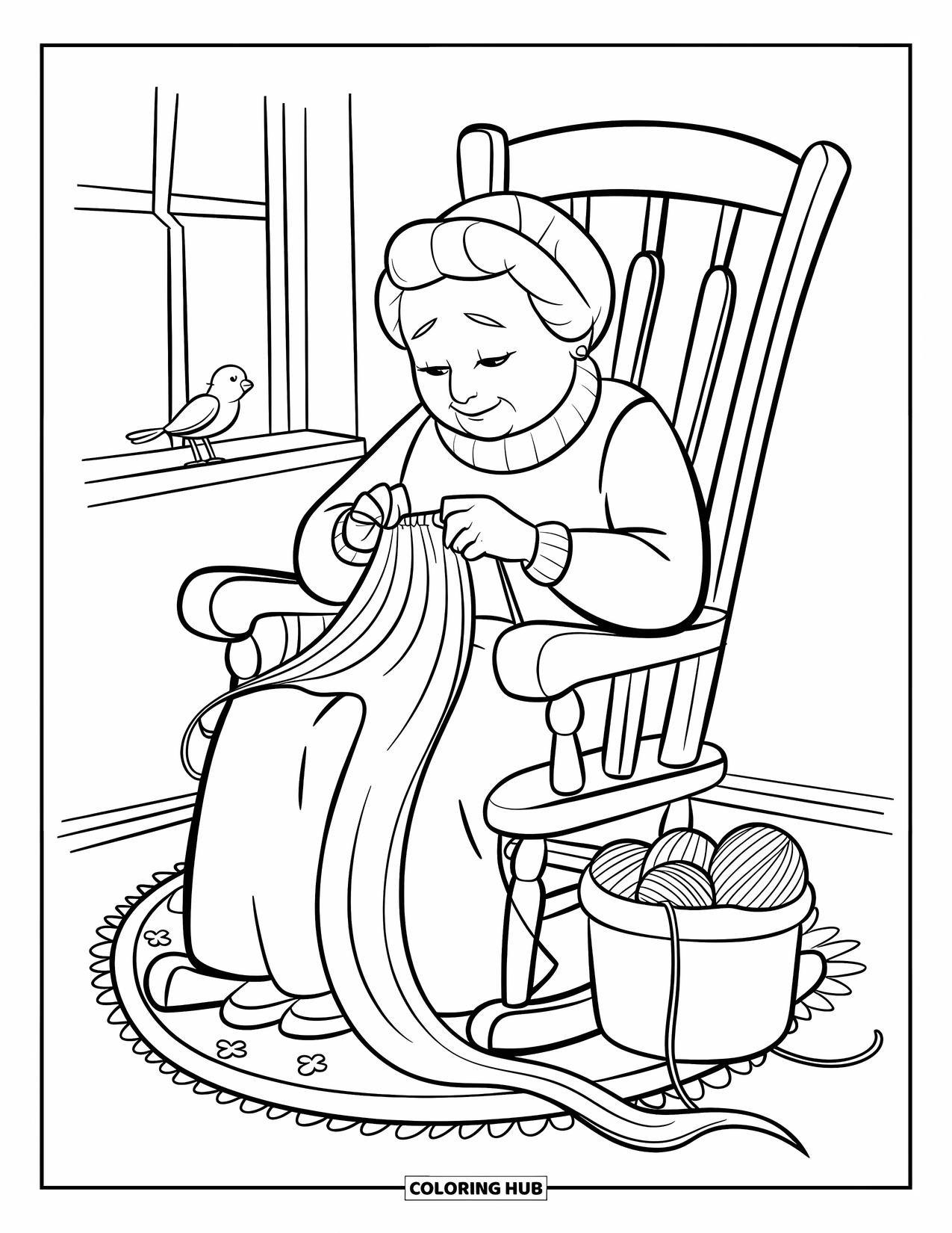 Grandma Coloring Page for Kids: Grandma knits happily with yarn, a rug, and a tiny bird nearby