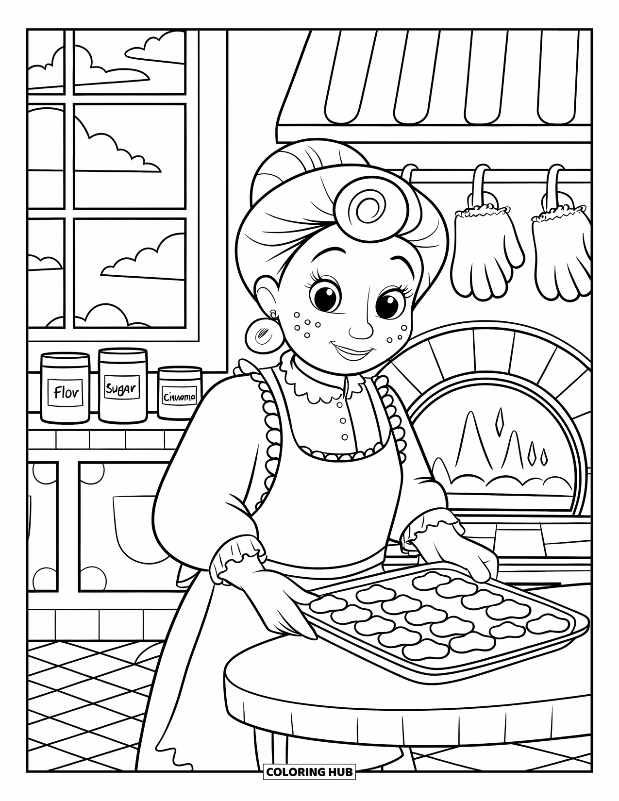 Grandma Coloring Page for Kids: Grandma places warm cookies on the counter in her sweet kitchen