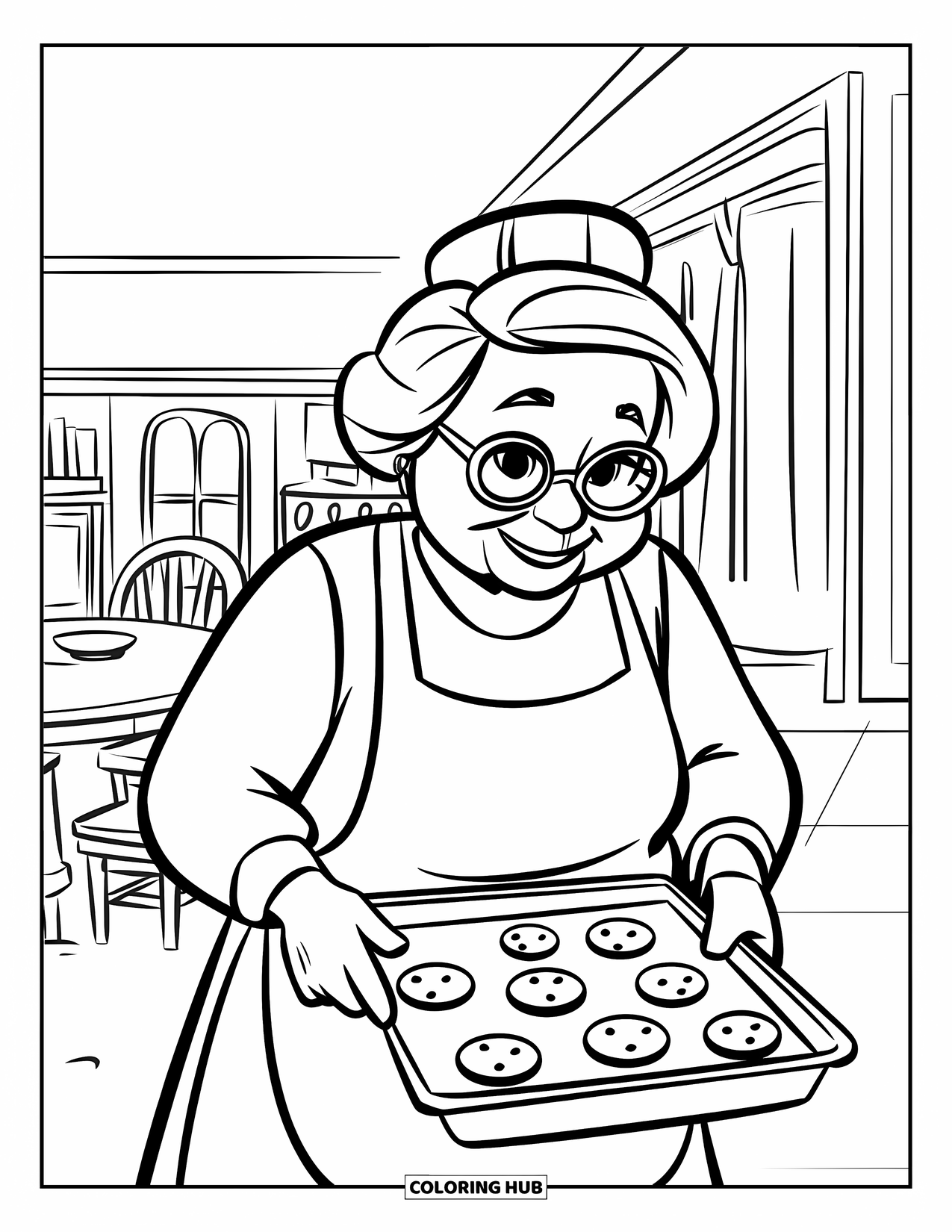Grandma Coloring Page for Kids: Grandma proudly holds a tray of cookies in a happy kitchen