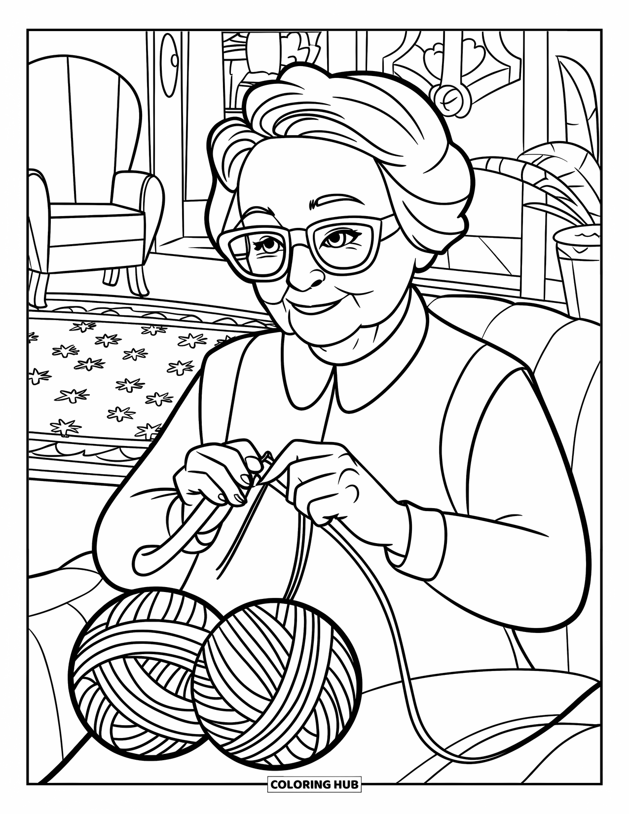 Grandma Coloring Page for Kids: Grandma smiles as she knits, surrounded by balls of yarn