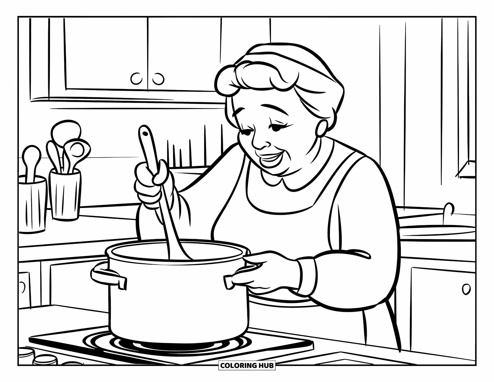 Grandma Coloring Page for Kids: Grandma stirs a big pot on the stove with tools nearby