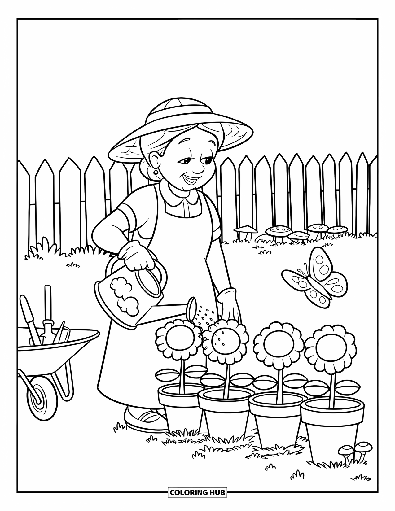 Grandma Coloring Page for Kids: Grandma waters flowers with a cloud-shaped can and a butterfly nearby